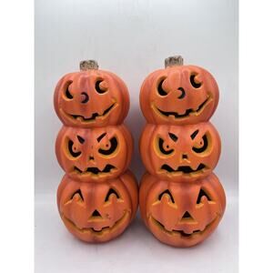 Pair Of 1998 Stacked 3 Lighted Pumpkin 10" Jack O Lantern Halloween Battery Oper